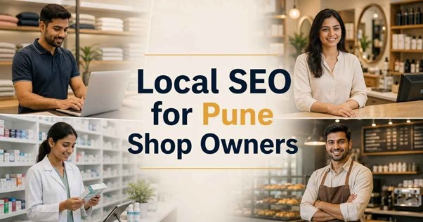 Professional blog banner showing four different Pune shop owners including a clothing retailer, salon owner, pharmacist, and bakery owner around the title “Local SEO for Pune Shop Owners”